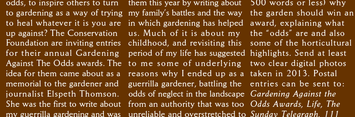 to inspire others to turn to gardening as a way of trying to heal whatever it is you are up against? The Conservation Foundation are inviting entries for their annual Gardening Against The Odds awards. The idea for them came about as a memorial to the gardener and journalist Elspeth Thomson. She was the first to write about my guerrilla gardening and was