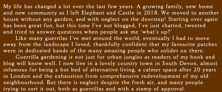 My life has changed a lot over the last few years. A growing family, new home 
and new community as I left Elephant and Castle in 2018. We moved to another
house without any garden, and with neglect on the doorstep! Starting over again
has been great fun, but this time I�ve not blogged, I�ve just chatted, tweeted
and tried to answer questions when people ask me �what�s up?� Like many guerrilas I�ve met around the world, eventually I had to move away from the landscape I loved, thankfully confident that my favourite patches were in dedicated hands of the many amazing people who solider on there. Guerrilla gardening is not just for urban jungles as readers of my book and blog will know well. I now live in a lovely country town in South Devon, almost infamous for being a hot bed of alternative living, a calmer space after 20 years in London and the exhaustion from comprehensive redevelopment of my old neighbourhood. But there is neglect despite the fresh air, and many people trying to sort it out, both as guerrillas and with a stamp of approval.